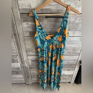 Teal Floral Sleeveless Mini Dress with Orange Blooms